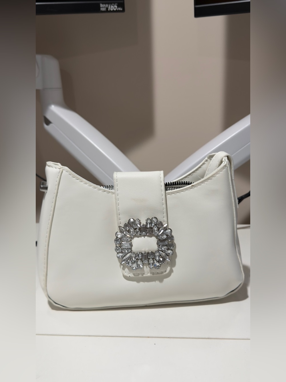 Elegant White Shoulder Bag with Crystal Buckle